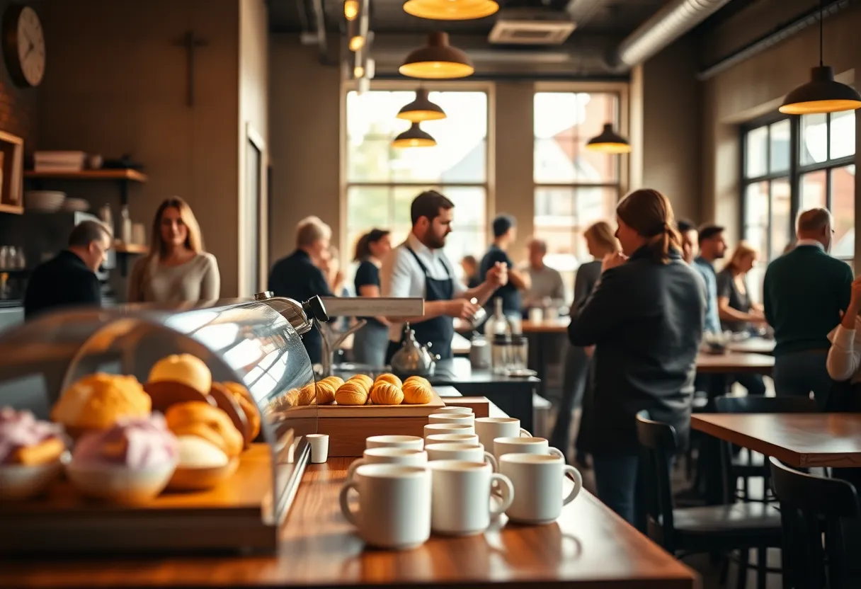 This inviting image captures the cozy interior of a bustling coffee shop, alive with patrons enjoying their time together. Natural light pours in, creating a warm, inviting ambiance that highlights the rich textures of wooden tables and ceramic mugs. The focus on a barista at work adds a personal touch, while blurred patrons in the background enhance the lively atmosphere. This scene perfectly embodies the essence of lifestyle shopping as a communal experience centered around coffee culture.