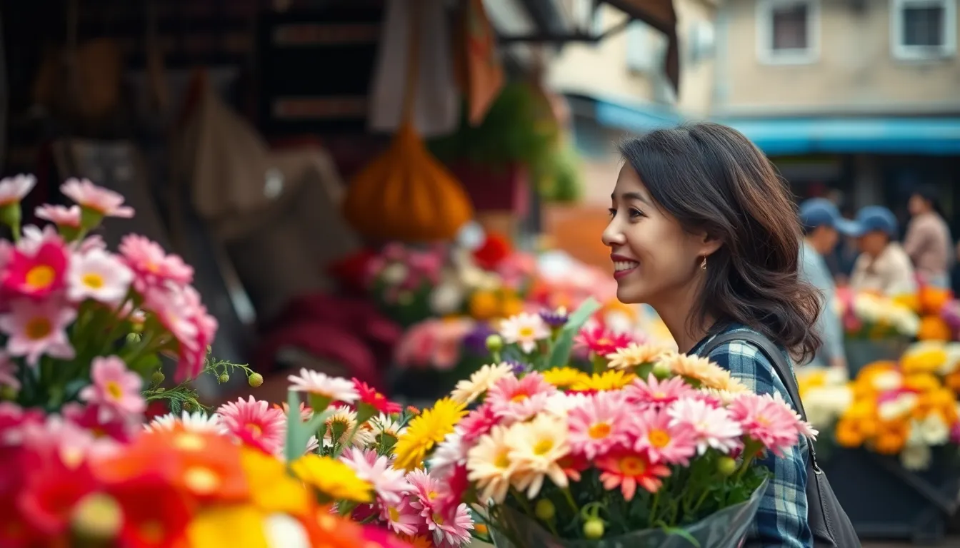 A joyful woman is captured browsing a vibrant flower stall at a bustling local market. The soft, diffused light creates a tranquil atmosphere, enhancing the natural beauty of the colorful flowers around her. Shallow depth of field draws attention to her expression and the blooms, adding to the scene's vibrancy. The composition harmonizes muted tones with bright colors, inviting the viewer to experience the market’s charm.