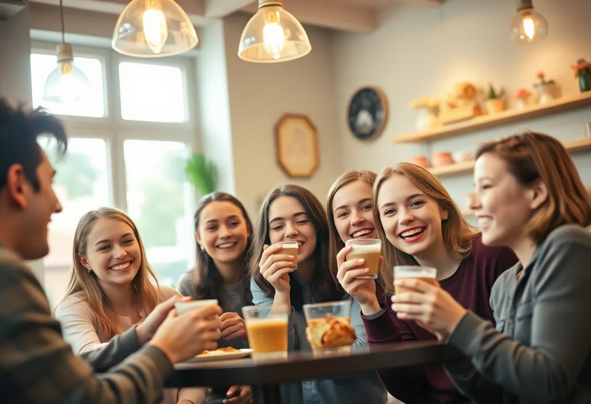 This lively image captures a group of friends reveling in café culture, sharing smiles over coffee and pastries. Warm light from pendant fixtures combines with natural sunlight, setting a cozy, inviting mood. The pastel colors and joy-filled expressions create a delightful atmosphere, while the composition adds depth and balance, emphasizing both the group and their surroundings.