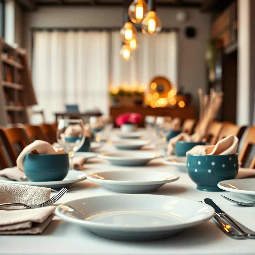 A close-up of a beautifully set table for a shopping-themed brunch showcases elegant dishware and textured linen napkins. Warm tungsten lighting envelops the scene in a cozy glow, enhancing the inviting atmosphere. The soft background focus allows intricate details to stand out, bringing attention to the tasteful arrangement. Muted pastels and warm tones create a sophisticated, charming setting.