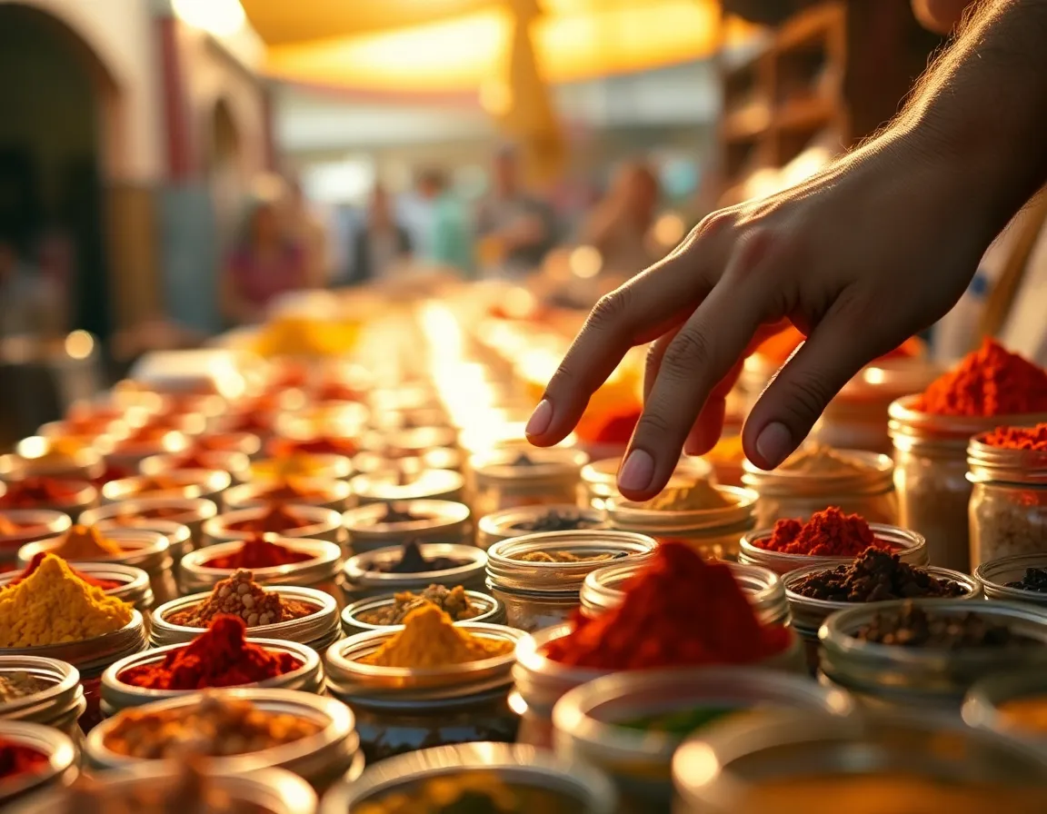 An inviting image captures the moment of selection at a bustling market stall filled with colorful spices. A hand reaches out to touch the jars, illustrating the tactile experience of shopping for ingredients. The warm golden hour light accentuates the rich textures and vibrant colors of the spices, creating a captivating scene. This photograph conveys the sensory joy of exploring unique culinary offerings.