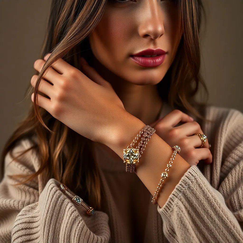 In a well-lit studio, an artisan delicately arranges a selection of handmade jewelry, with each piece glinting under soft, diffuse lighting. The focus is sharp on their skilled hands, showcasing intricate details and textures of the jewelry. The composition creates a sense of dynamic tension and elegance, capturing the essence of craftsmanship and passion in the art of shopping for unique accessories.