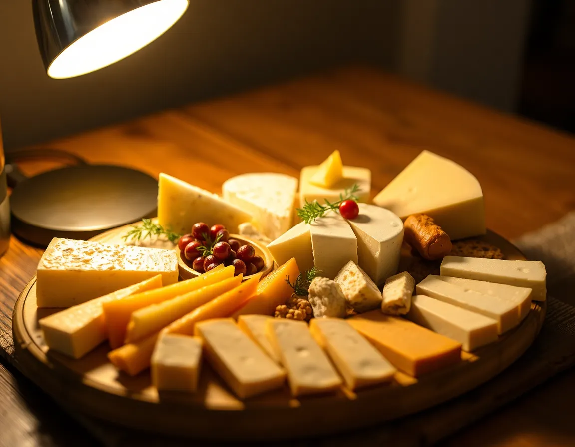This image presents an exquisite artisan cheese platter elegantly arranged on a rustic wooden table. The warm tungsten lighting creates a cozy ambiance, enhancing the natural textures and colors of the cheeses, fruits, and nuts. With a shallow depth of field that focuses on intricate details, viewers can appreciate the creamy whites and rich yellows of the cheese and the delicate garnishes. The centered composition emphasizes the artistry of the food arrangement, inviting an appreciation for the culinary craftsmanship.