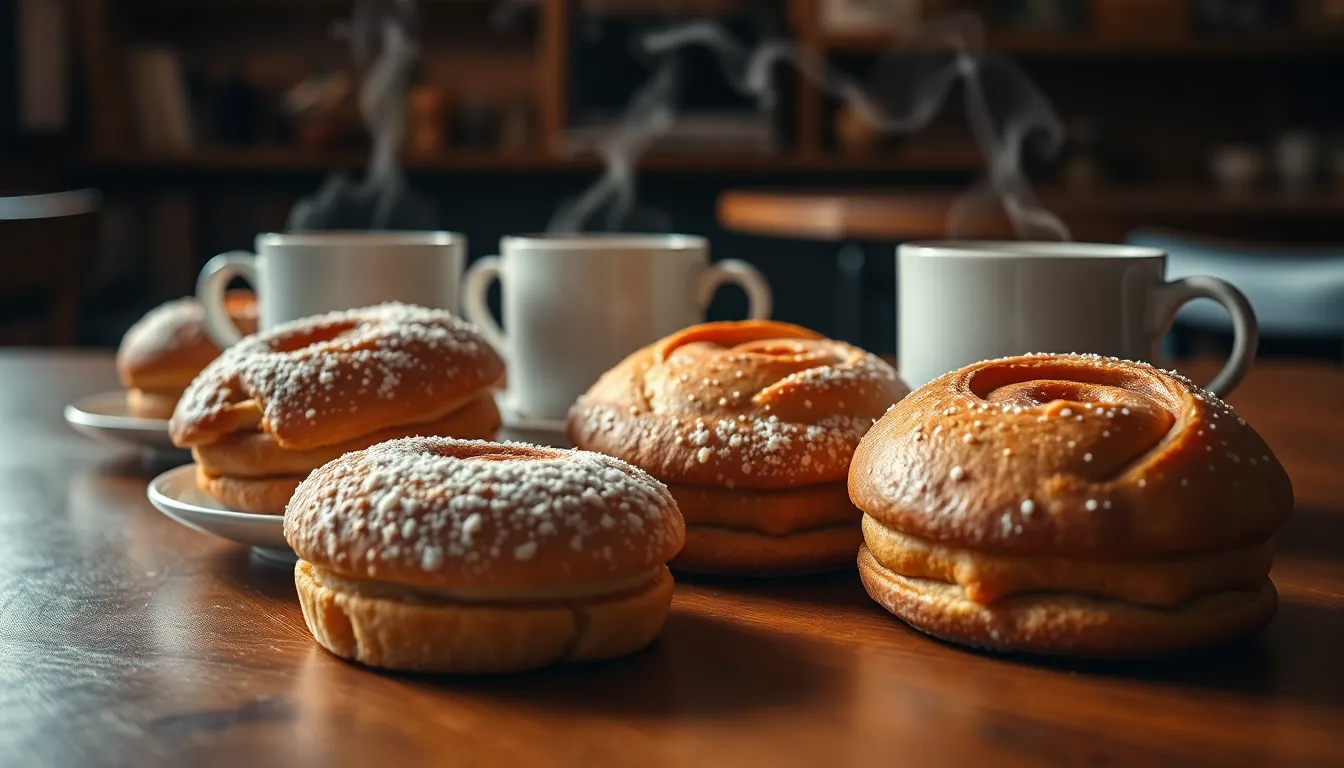 An inviting cafe scene showcasing a beautifully arranged display of pastries on a rustic wooden table. Warm tungsten light imbues the image with a cozy ambiance, while hyperfocal distance captures the intricate textures of the pastries and steaming coffee mugs in the background. The vibrant colors inspired by Fujifilm Velvia enhance the visual appeal, creating a delectable atmosphere. With a rule of thirds composition, the image draws attention to the delicate sugar crusts and artistic designs of the pastries, making it enticing.