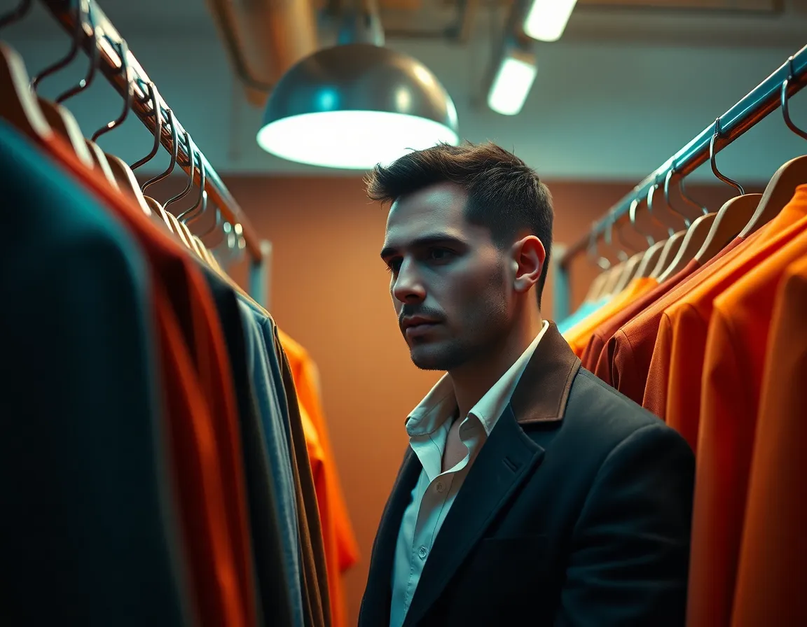 A fashionable man browses through clothing at a stylish boutique, expertly lit to highlight his sharp features and polished look. Dramatic teal and orange tones infuse the scene with an energetic flair, while his tailored jacket contrasts beautifully against the array of vibrant fabrics surrounding him. With a centered composition, the focus remains on his refined style and the excitement of finding the perfect outfit. This image encapsulates the essence of modern shopping experiences.