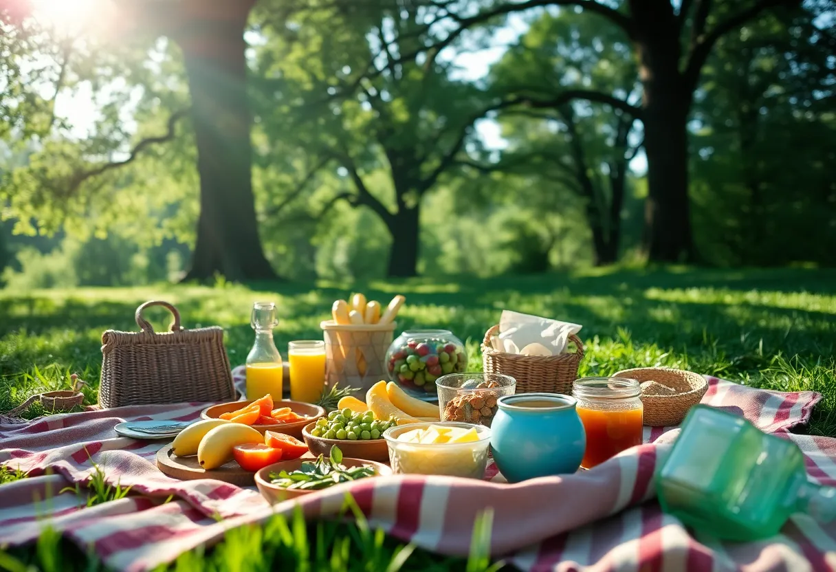 This serene image captures a delightful picnic scene set in a lush green environment. Dappled sunlight filters through the tree canopy, creating dynamic patterns on the fabric of a rustic blanket. The spread features an array of organic snacks and refreshing beverages, bathed in rich, saturated colors that invoke a sense of freshness. Utilizing a rule of thirds composition, the picnic is framed beautifully by surrounding greenery while the textures of the food invite viewers to envision a perfect day outdoors.