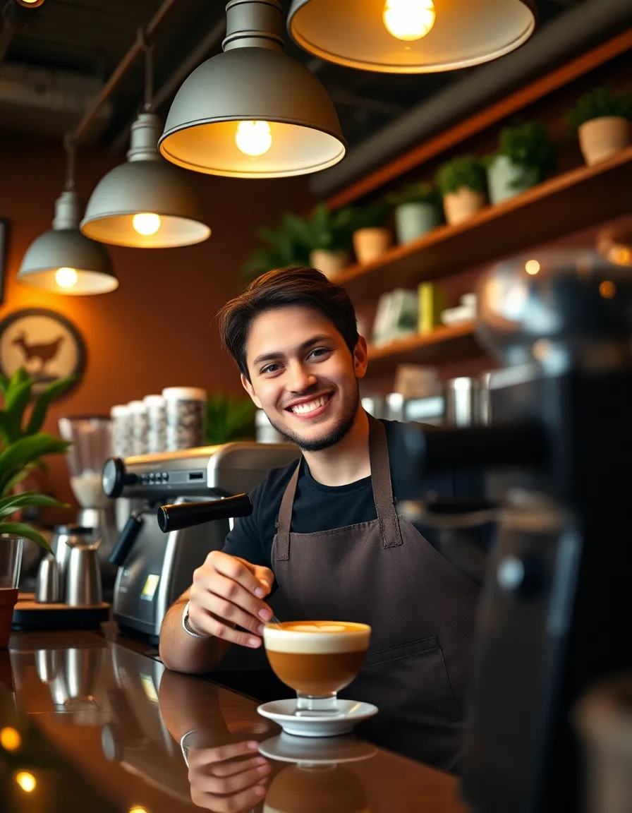 This engaging close-up portrays a barista joyfully crafting artisanal coffee in a cozy café. The warm practical lighting enhances the rich colors and textures, showcasing both the coffee and the barista’s skill. The intricate latte art is vividly depicted, focusing attention on the craftsmanship. It embodies the essence of coffee culture in a welcoming setting.