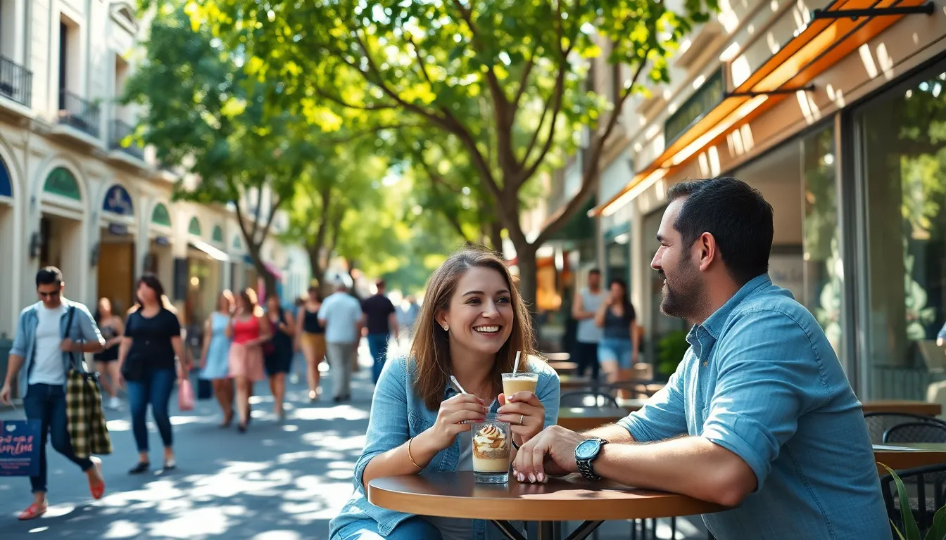 On a sunny afternoon, a joyful couple enjoys a delectable dessert at an outdoor café surrounded by the vibrant energy of a shopping district. Dappled sunlight filtering through the leaves enhances the scene, creating a warm and inviting atmosphere. The composition utilizes leading lines to lead the viewer's gaze toward the couple, encapsulating the joy of shared moments amidst the lively surroundings. Rich colors evoke a sense of happiness and leisure.