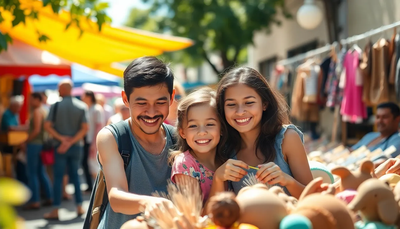 This lively scene portrays a family enjoying their time at an outdoor market under bright sunshine. Their joyful expressions convey happiness as they explore vibrant handmade crafts. The sharp focus ensures that both the family and the surrounding stalls are captured in detail, creating a sense of inclusion in the festive atmosphere. Ideal for representing family-friendly shopping experiences.
