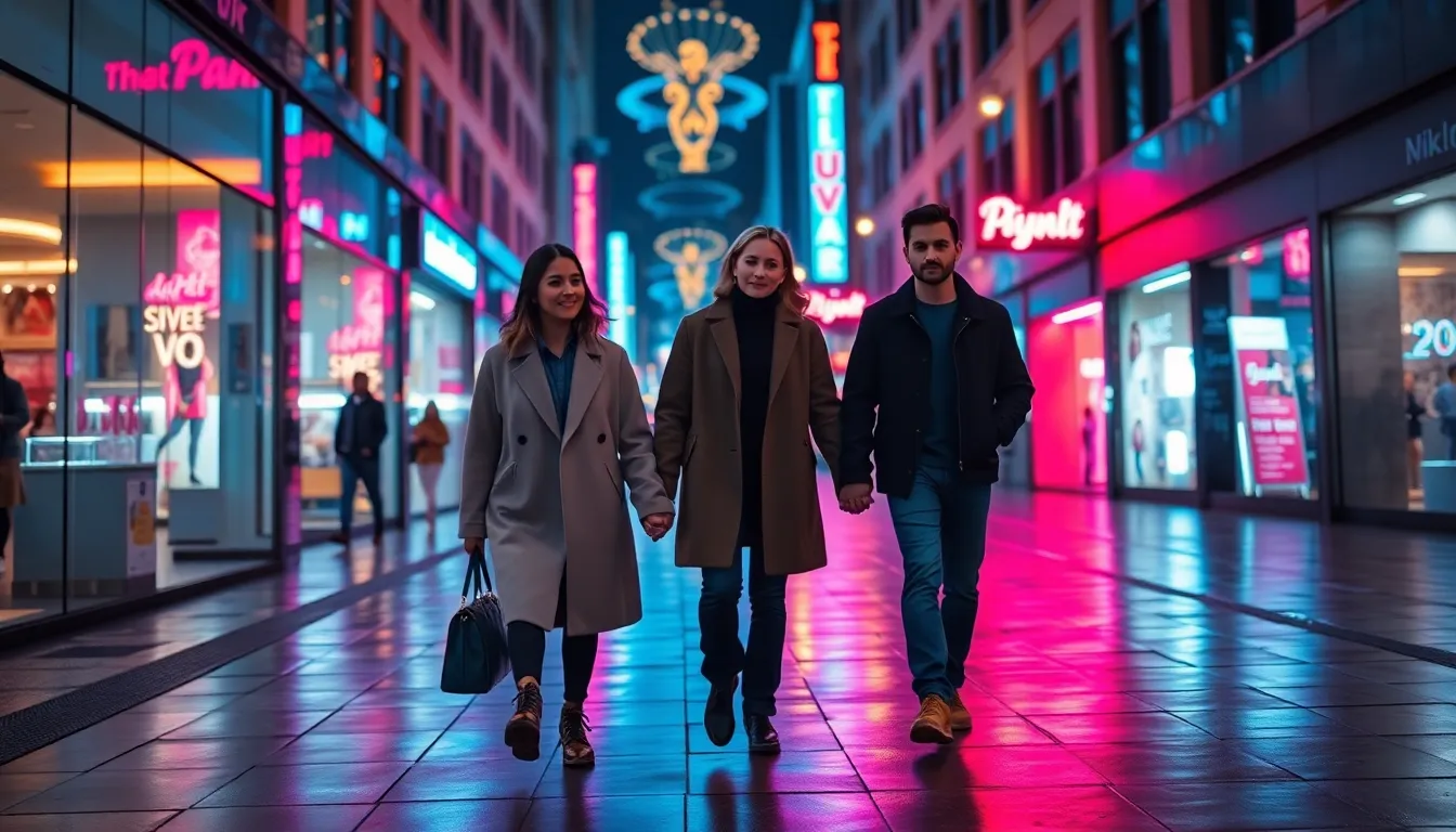 This dynamic image captures a fashionable couple strolling through a vibrant urban shopping district at night. Enhanced by reflections of neon signage on the wet pavement, the scene is alive with colors and energy. The cinematic teal and orange grading creates a striking contrast that draws the eye along leading lines of storefronts and pathways. The couple, dressed in trendy outfits, embodies the essence of modern city life, with every detail from their clothing to the urban environment pixel-perfect.