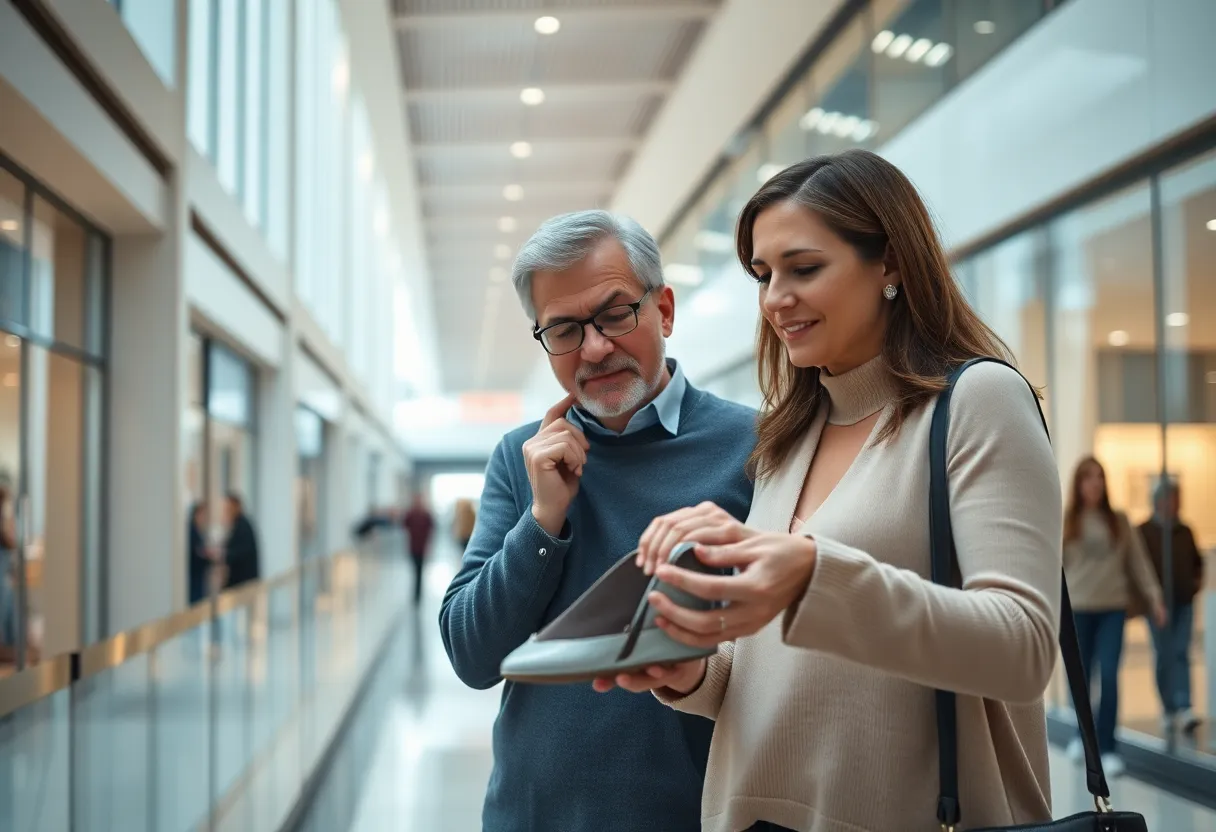 Couple Shopping for Shoes in a Mall Inside a bustling mall, a middle-aged couple examines a stylish pair of shoes while surrounded by a variety of retail stores. The soft, diffused daylight creates an inviting and serene atmosphere, capturing the dynamics of shopping together. Their expressions reflect a mix of contemplation and excitement as they navigate their choices in a busy environment. The overall muted tone lends an air of sophistication to this relatable lifestyle scene.
