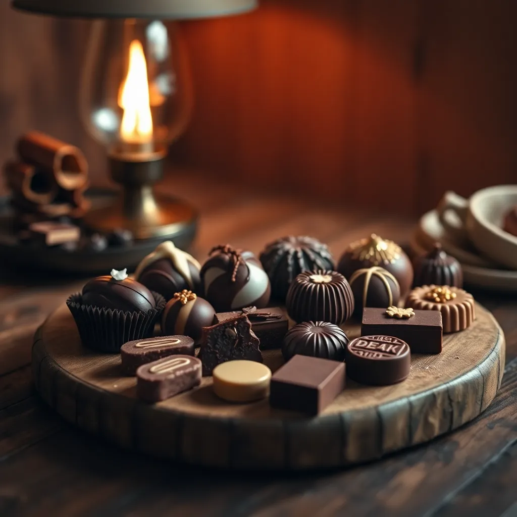 This enticing close-up features a beautifully arranged assortment of gourmet chocolates on a rustic wooden table. The warm tungsten lighting creates a cozy ambiance, highlighting the rich textures and colors of the chocolates. Each piece glistens with decadent detail, inviting indulgence. The harmonious arrangement and soft backgrounds draw the viewer's eye, making this image a delectable representation of luxury in lifestyle shopping.