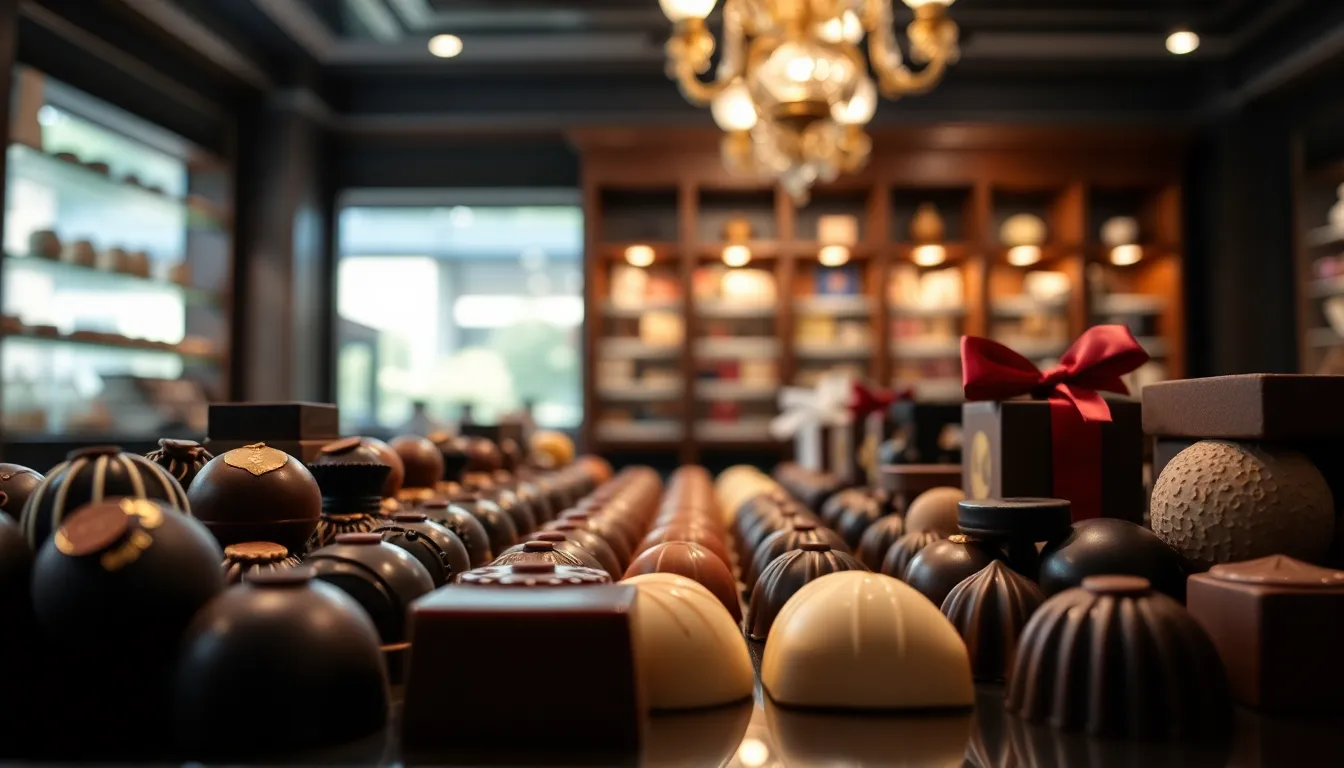 A stunning arrangement of artisan chocolates is featured in a high-end confectionery shop, with glossy surfaces catching the soft light. The elegant display invites indulgence and celebration of fine craftsmanship. The macro perspective highlights the rich textures and intricate details of the chocolates, creating a mouth-watering appeal. A muted color palette enhances the luxurious atmosphere.