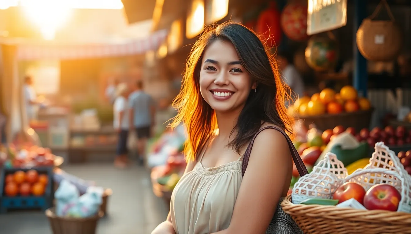 Young Woman Shopping at Vibrant Market