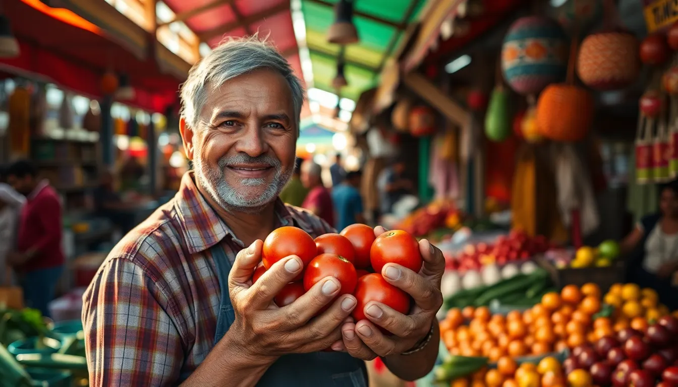 A lively shopping scene at a vibrant market showcases a vendor smiling while holding fresh tomatoes. Late afternoon sunlight creates dynamic shadows across various colorful stalls filled with produce and handmade goods. The shallow depth of field adds focus on the vendor’s expression, with a saturated color palette enriching the warm atmosphere. Leading lines formed by the stalls guide the viewer's eye through this bustling scene.