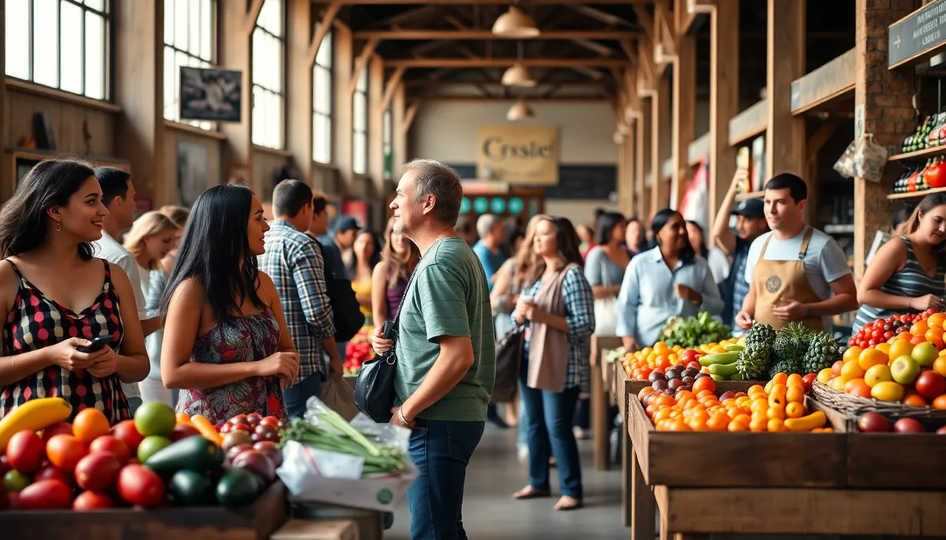Diverse Shoppers in Vibrant Marketplace This lively image captures a diverse group of shoppers interacting in a vibrant indoor marketplace filled with colorful produce. Soft, diffused daylight spills through large windows, illuminating the warm textures of rustic wooden tables. The shallow depth of field highlights genuine smiles, while the Kodak Portra 400-inspired color palette enhances the inviting atmosphere. The composition employs the rule of thirds, directing attention to the engaging scene, ensuring a captivating visual narrative.