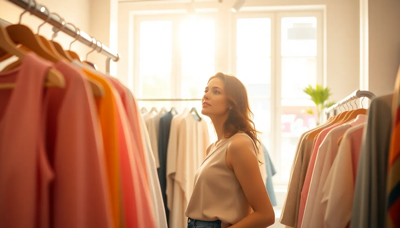 A fashionable woman browses through clothing in a well-lit boutique, surrounded by stylish garments. The warm glow from natural light creates an inviting atmosphere, highlighting the textures of the fabrics. With a soft focus on the shopper, the background blurs gently, emphasizing her engagement with the clothing. Pastel colors enrich the scene, giving it a fresh and trendy feel.