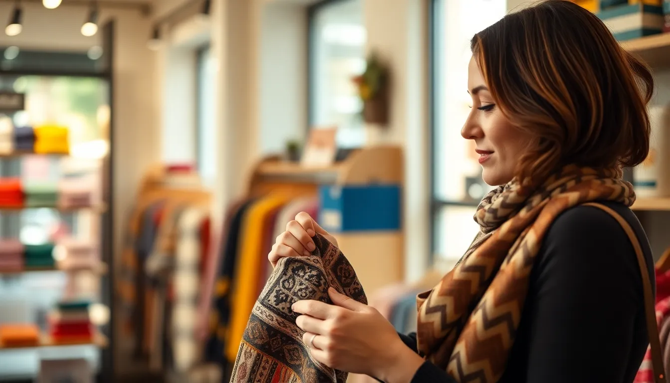 A fashionable woman stands inside a chic boutique, examining a colorful patterned scarf. Soft diffused daylight streams through the windows, casting warm tones across the scene. The background is a cascade of vibrant merchandise carefully arranged on polished wooden shelves. The image captures a moment of stylish shopping with a focus on fabric texture and a lively atmosphere.