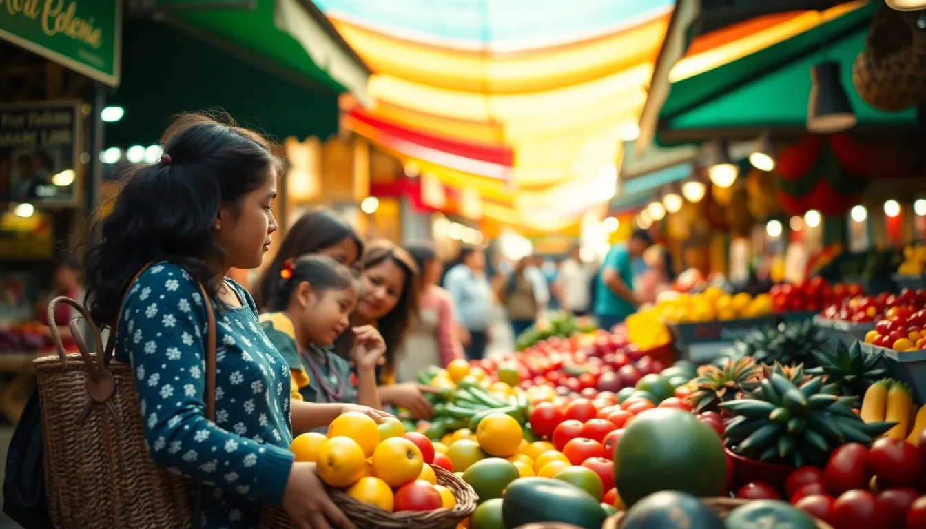 This dynamic image showcases a family immersed in a bustling urban market, selecting fresh produce beneath colorful canopies. The warm, inviting atmosphere captures the essence of community shopping, with vivid colors enhancing the textures of fruits and vegetables. Natural light creates a cheerful ambiance, while the composition guides the viewer's eye towards the family, surrounded by the vibrant market details.
