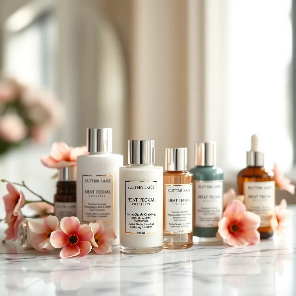 This exquisite close-up showcases a luxurious skincare product display arranged elegantly on a marbled surface. Soft, natural light bathes the scene, highlighting the glossy textures of the bottles and the delicate floral accents. The selective focus draws attention to intricate label details against a softly blurred background. With a refined color palette of natural muted tones, the composition employs a centered symmetrical layout that enhances the sophisticated allure of the luxury brand.
