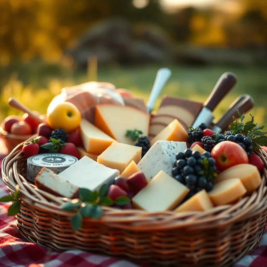 This delightful close-up showcases an elegantly arranged picnic basket brimming with artisanal cheeses, fresh fruits, and gourmet snacks. Illuminated by golden hour light, the scene radiates warmth and invites viewers to indulge. The vibrant colors and rich textures of the food create an appetizing aesthetic, framed beautifully by the leading lines of the picnic blanket.