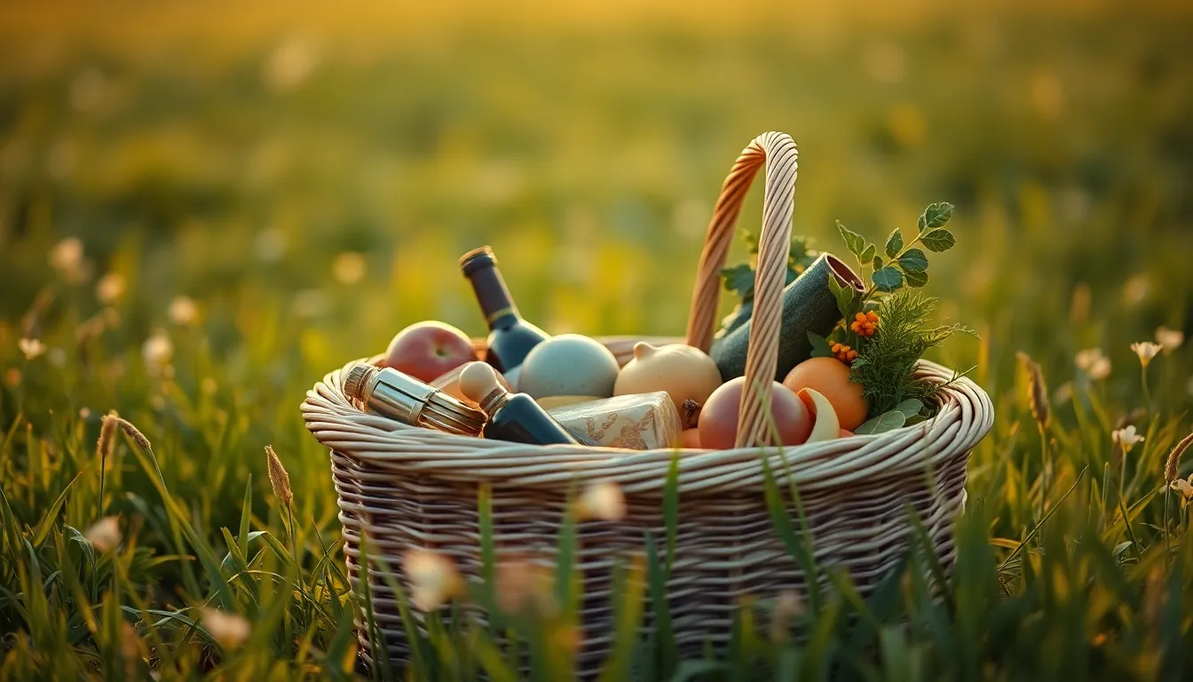 A delightful picnic basket filled with gourmet delights is beautifully arranged in a lush green meadow, illuminated by the golden hour light. The warm rim light highlights the textures of the woven basket and the vibrant colors of the fresh produce. This serene outdoor shopping scene evokes a sense of wellness and appreciation for nature's bounty, perfect for leisurely afternoons.