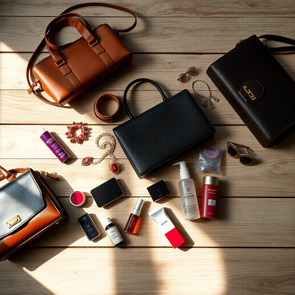 An artistic flat lay showcases an array of luxury shopping items, including designer bags and beauty products arranged on a weathered wooden table. Soft morning light creates a warm and inviting atmosphere, enhancing the richness of jewel tones. The diagonal composition invites the viewer to explore the delicate textures and intricate details of each item, emphasizing elegance and style.
