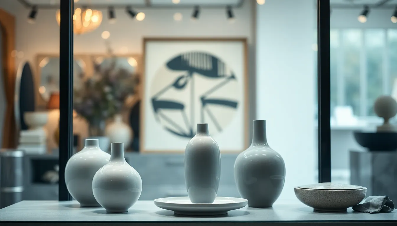 An elegantly arranged display of sophisticated home decor items shines under soft overcast light. The precision of the medium format captures exquisite details and textures, from sleek ceramic vases to plush fabric accents. This calm yet stylish scene invites viewers to appreciate the artistry in every piece, reflecting elegance and taste in a modern home.