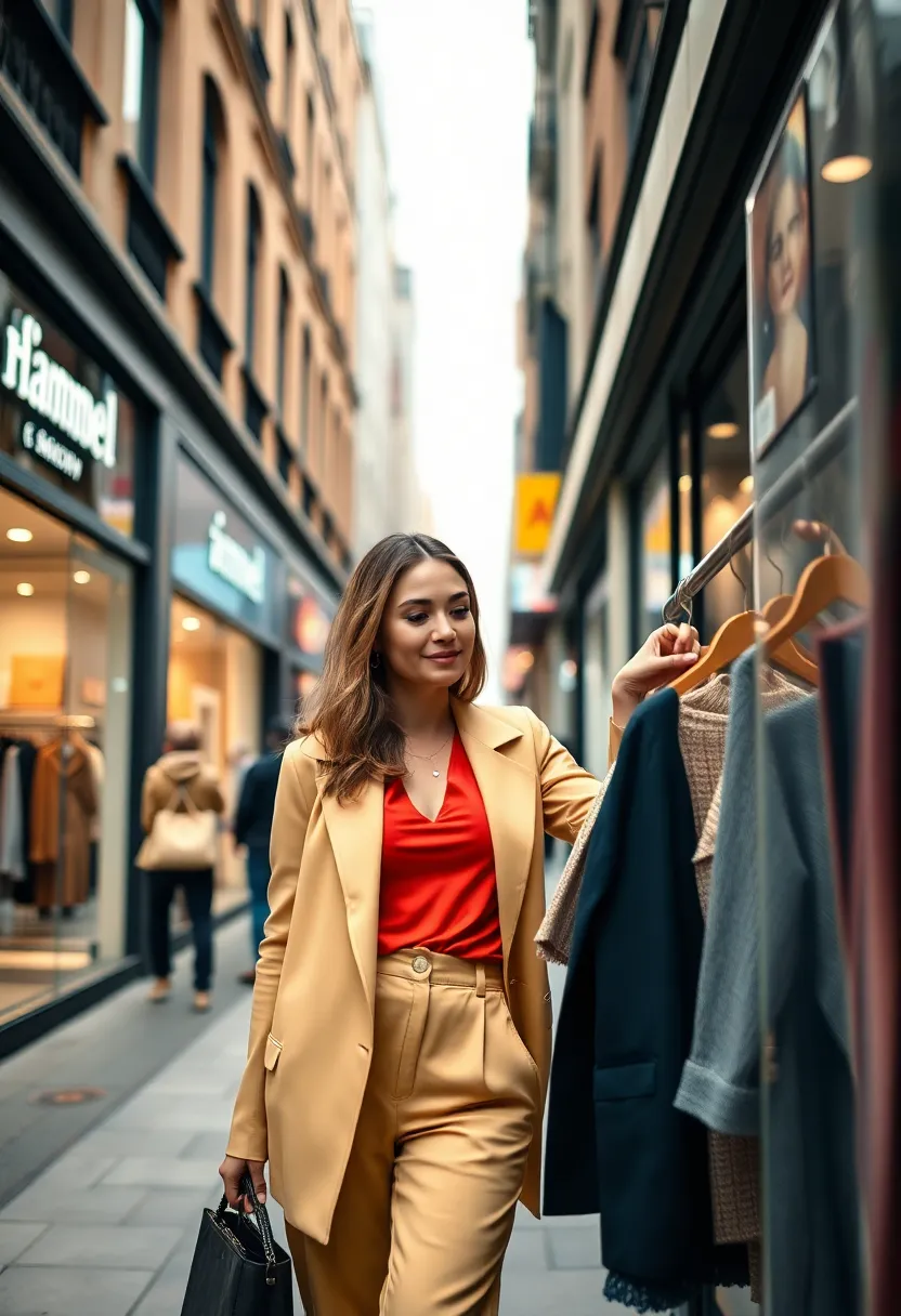 A stylish urban woman shops for clothing on a bustling city street, beautifully framed against vibrant storefronts. Overcast diffused daylight softens the scene, enhancing the natural colors of her chic outfit. The shallow depth of field isolates her, allowing the bustling background to dissolve into gentle bokeh. With muted cinematic tones contrasting with her bright clothing, this lifestyle shot captures a dynamic moment of city life.