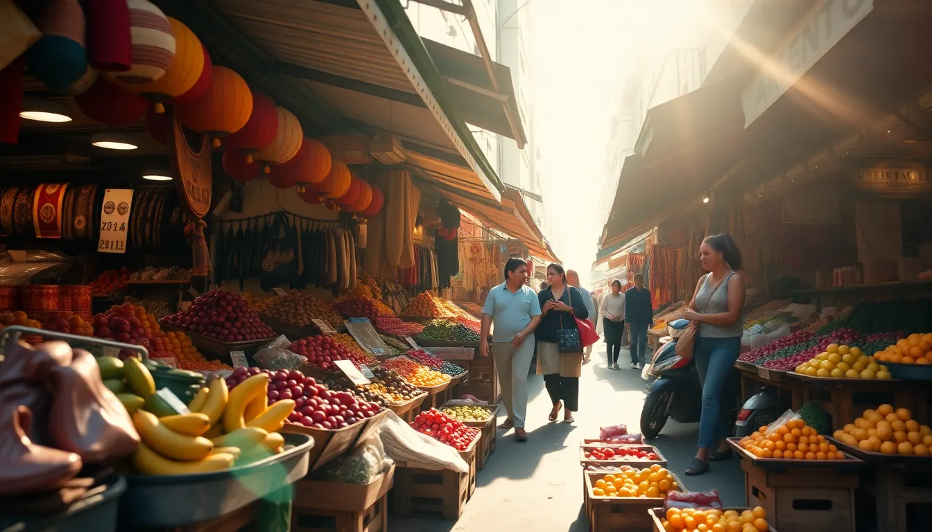 This dynamic image captures the vibrant energy of a street market filled with colorful fruits and handmade crafts. Shot from a low angle perspective, the scene benefits from warm late afternoon light that casts soft shadows, enhancing the textures of both the produce and crafts. The shallow depth of field blurs the bustling background, while the Fujifilm Velvia-inspired saturated colors breathe life into the image. The composition uses a Dutch angle to create a sense of movement and excitement, truly reflecting the market's atmosphere.