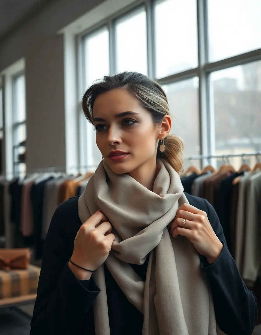 In a chic boutique, a stylish woman carefully assesses a luxurious silk scarf under soft, diffused daylight. The inviting atmosphere highlights her thoughtful expression, emphasizing the beauty of the scarf's texture as she contemplates her choice. Natural muted tones enhance the scene's sophistication, while the carefully composed background of neatly arranged accessories adds depth and context.