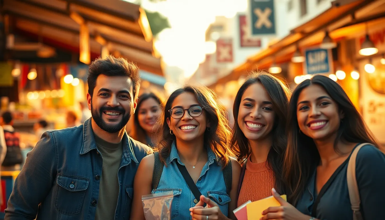 A vibrant scene capturing a diverse group of friends enjoying a shopping spree at an open-air market. The warm glow of golden hour backlighting enhances their joyful expressions. The colorful market stalls create a lively atmosphere as they navigate together. The close-up perspective with a dreamy background emphasizes their camaraderie and the spirit of shopping.