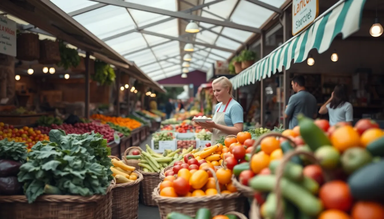 This lively image showcases a vibrant farmers market filled with fresh produce under soft overcast lighting. Colorful fruits and vegetables create a feast for the eyes, with textures highlighting the freshness and quality of the goods. A smiling vendor adds warmth and accessibility to the shopping experience, inviting viewers to immerse themselves in the market's atmosphere. The overall composition with leading lines enhances the sense of movement and community, making it a perfect illustration of healthy lifestyle shopping.