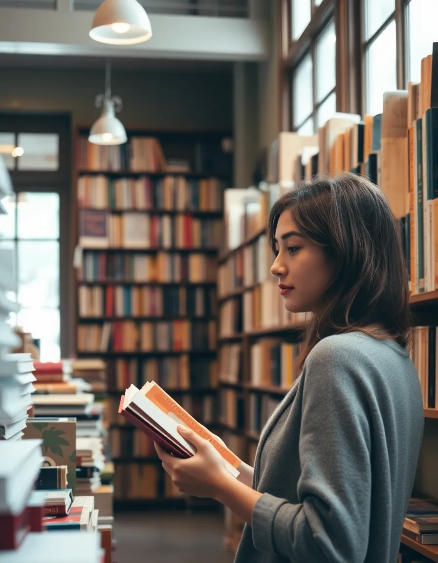 This candid photo captures a young woman deeply engaged in browsing through a charming bookstore filled to the brim with books. Soft, diffused daylight spills from large windows, cultivating a warm and inviting environment. The shallow depth of field accentuates her thoughtful expression and the intricate details of the books, while the background softly blurs into a serene bokeh. The overall warm color palette invites viewers to immerse themselves in the joyful experience of discovering new literary treasures.