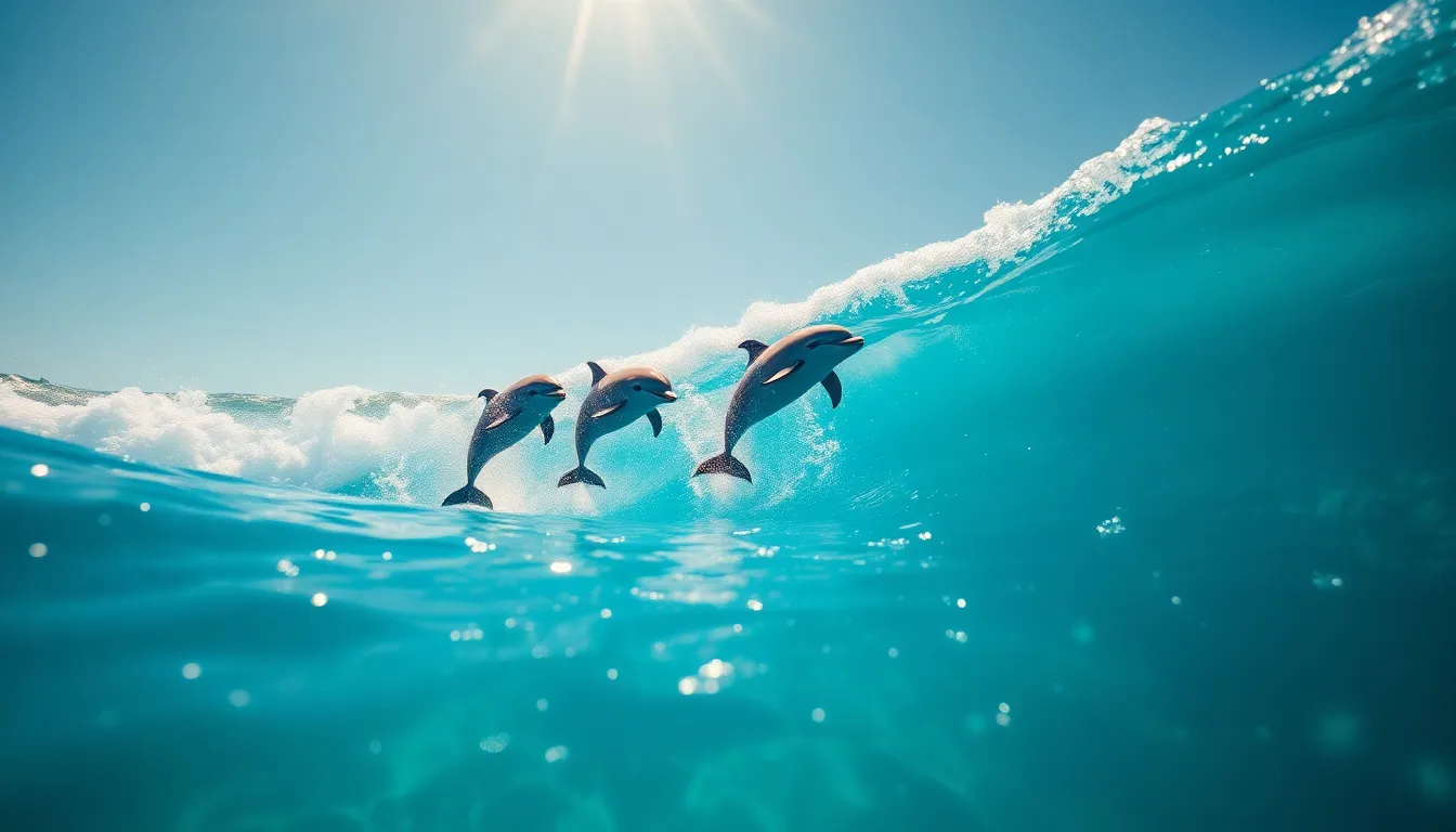 Shot On Hasselblad X2d 100c, 90mm F/2.5 Medium shot on Hasselblad X2D 100C, 90mm f/2.5 medium format, capturing a playful group of dolphins leaping out of the crystal-clear ocean waves under a bright sunny sky. Natural sunlight creates sparkling highlights on the water's surface, while the color palette features bright blues and aquamarine hues.