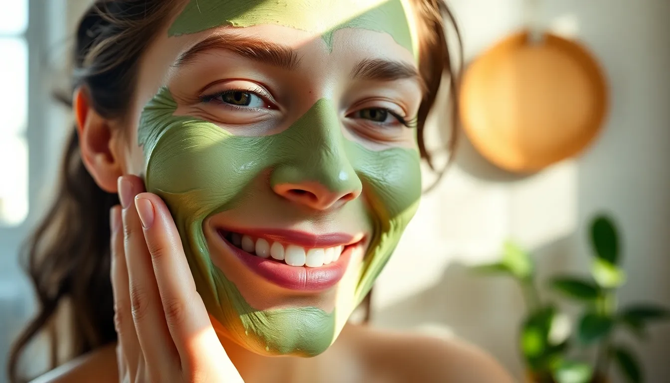 This close-up image features a woman joyfully applying a natural green clay mask on her face in a bright bathroom. Soft, diffused light creates gentle shadows, highlighting her natural skin texture. The scene is enriched by an earthy color palette and a lush background of plants, adding a fresh aesthetic. The focus on her expression and the mask conveys a sense of relaxation and self-care.