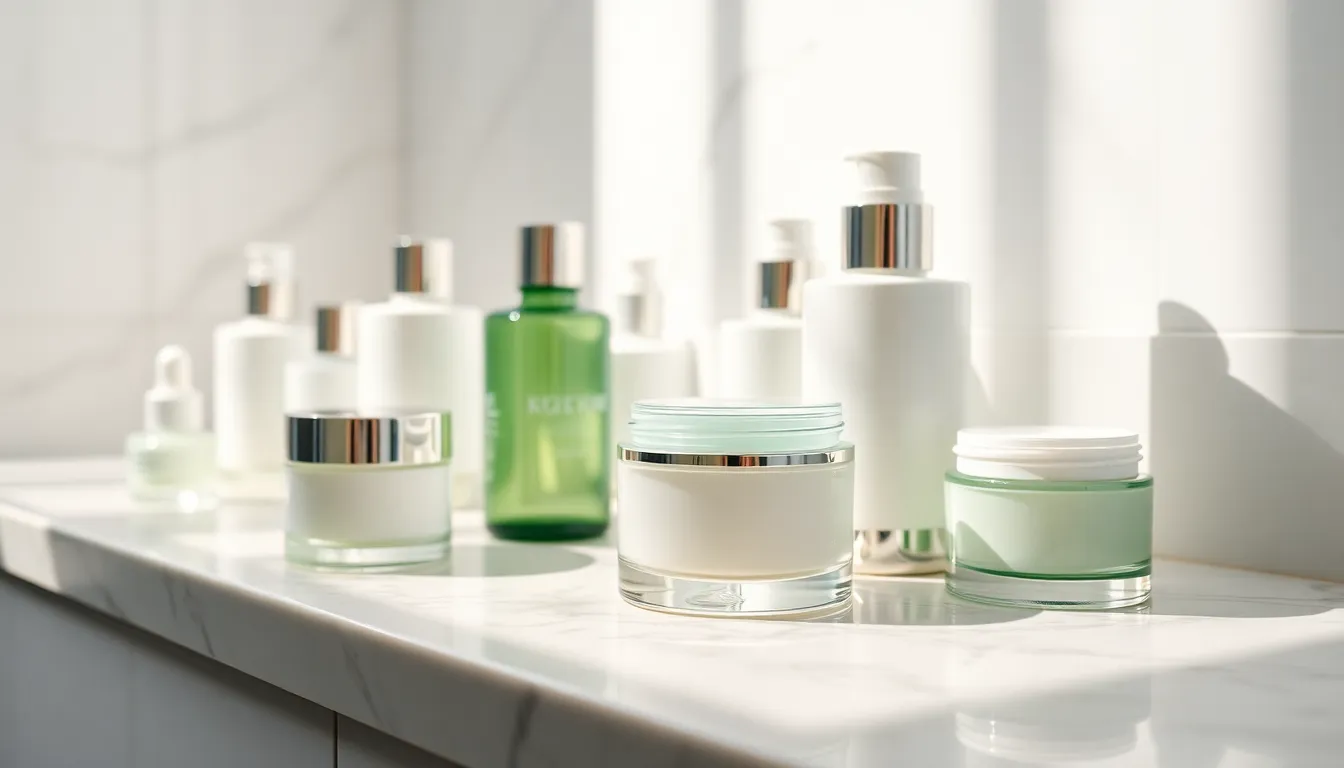 This elegant close-up image presents an array of skincare products on a chic marble countertop. The soft daylight enhances the luxury feel, highlighting the glossy surfaces and delicate textures of the glass jars and bottles. Cool colors of whites and greens promote freshness and cleanliness, making it an ideal visual for beauty and skincare brands. The use of leading lines in the composition naturally directs attention toward the products, inviting viewers to explore.