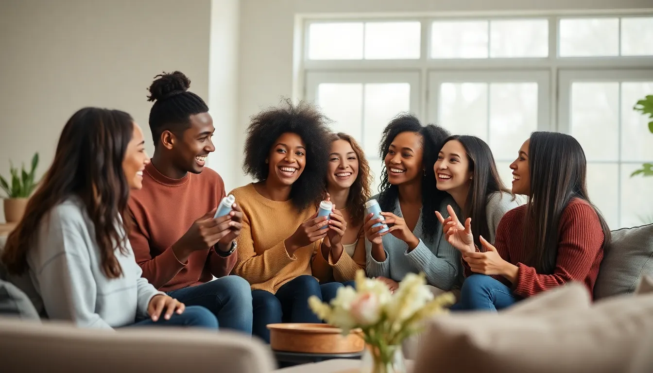 This lively image captures a diverse group of friends enthusiastically sharing skincare tips in a cozy living room. Overcast daylight provides soft illumination, highlighting their joyful expressions and natural skin textures. The focused attention on their interaction, along with soft bokeh in the background, creates an inviting and relatable scene. The earthy tones and cheerful clothing elevate the comfortable and friendly mood of the setting.