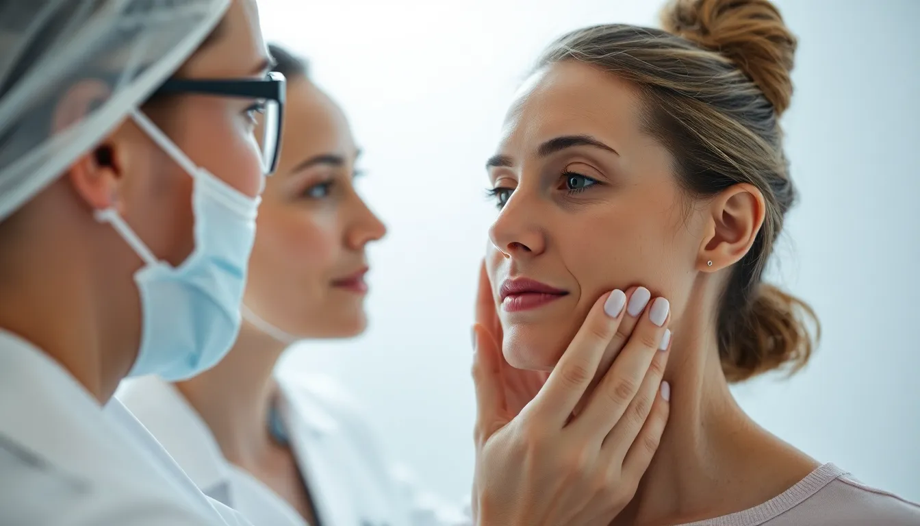 This image presents a professional skincare consultation between a dermatologist and a patient in a bright, clinical environment. The focused lighting accentuates the skin’s natural textures and details, while a softly blurred background keeps the attention on the subjects. The clean color palette of whites and blues enhances the sterilized, professional atmosphere. The image captures a moment of care and expertise in skincare.