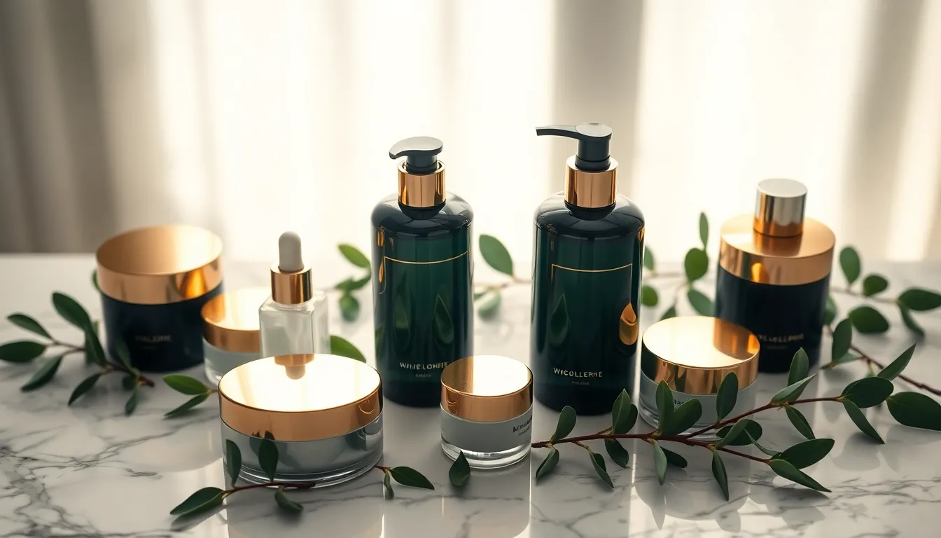 This flat lay image presents an elegant arrangement of high-end skincare products on a luxurious marble surface. Soft, natural light highlights the sleek glass and metallic textures, while muted colors provide a calming effect. Fresh eucalyptus leaves subtly frame the products, embodying a sense of nature and purity. The meticulous composition invites viewers to appreciate the beauty and sophistication of the skincare line.