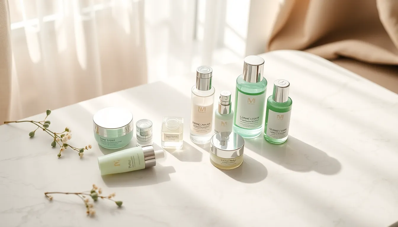 This photorealistic flat lay features an exquisite arrangement of premium skincare products on a textured marble surface. The soft pastels of the bottles contrast against the natural beauty of the marble, illuminated by diffused daylight. The shallow depth of field beautifully blurs the background, focusing attention on the products. The harmonious colors and elegant composition create a serene, luxurious atmosphere ideal for beauty marketing.