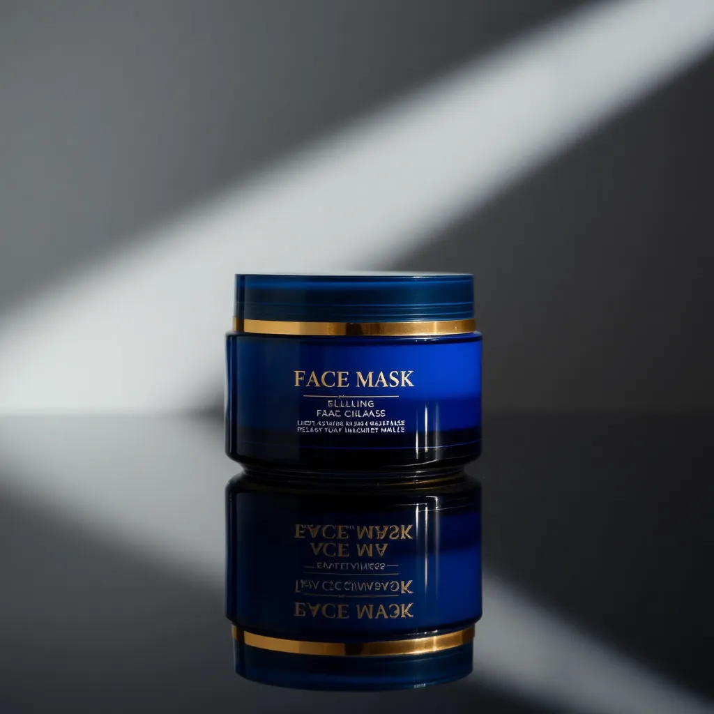 This striking product shot showcases a luxurious face mask elegantly perched on a reflective surface. The dramatic studio lighting highlights the intricate design of the packaging while casting soft shadows that enhance its depth. Rich blues and metallic golds evoke a sense of high-end beauty, creating a sophisticated aesthetic. The composition's symmetry and reflective elements draw the viewer's eye, making it perfect for premium skincare marketing.