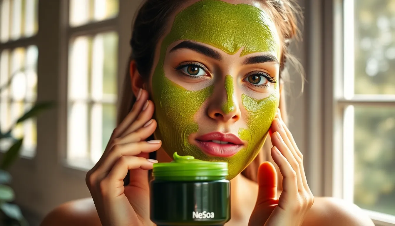 This vibrant image showcases a woman applying a green face mask in a sunlit room, emphasizing natural beauty and skincare. The warm daylight filters through large windows, casting a soft glow on her face. Her expressive gaze and subtle smile convey relaxation and self-care. The contrast of her skin and the rich texture of the mask adds depth to the composition, inviting viewers into a personal skincare moment.