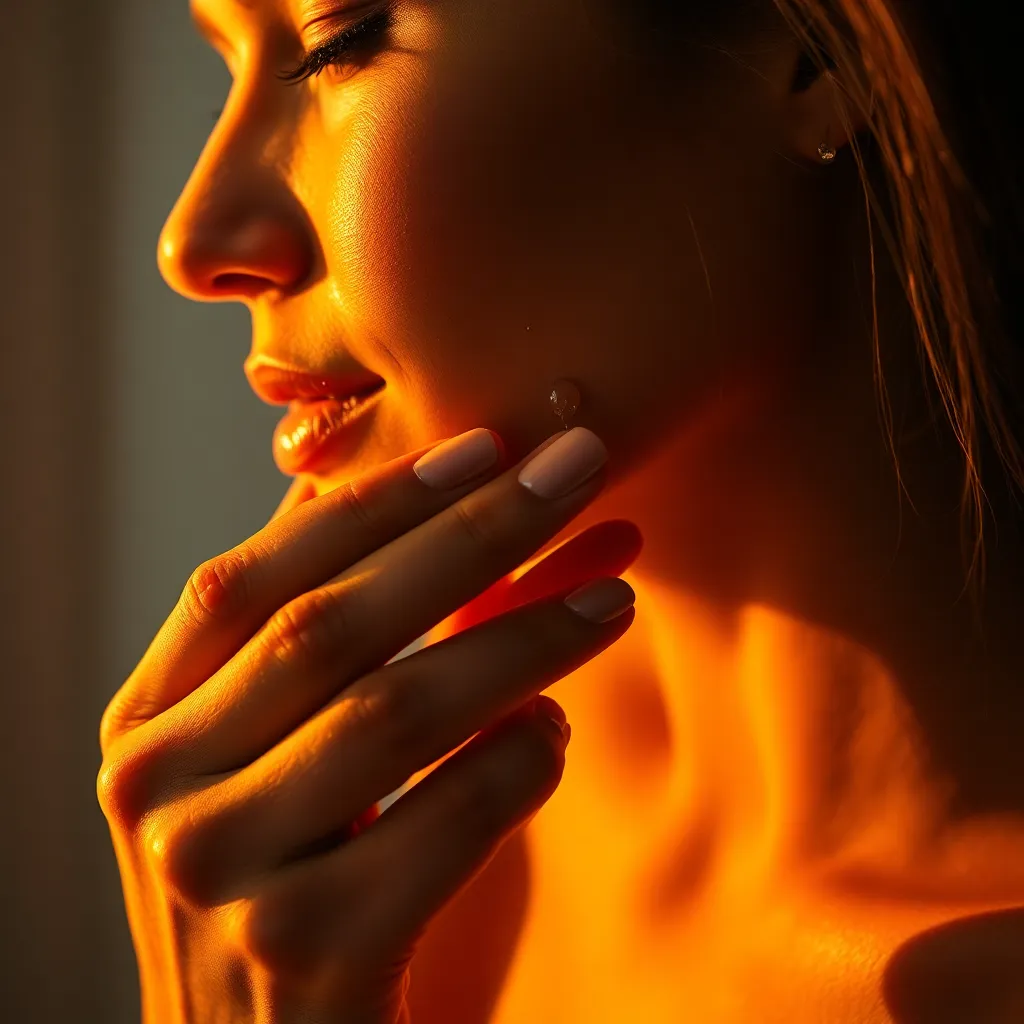 This close-up image captures the intimate moment of a woman applying a luxurious serum to her skin. The warm tungsten lighting enhances the rich golden tones and the glistening texture of the serum. The hand's delicate movement brings focus to the skincare process while soft backgrounds create a calming atmosphere. This image beautifully conveys the elegance of skincare rituals.