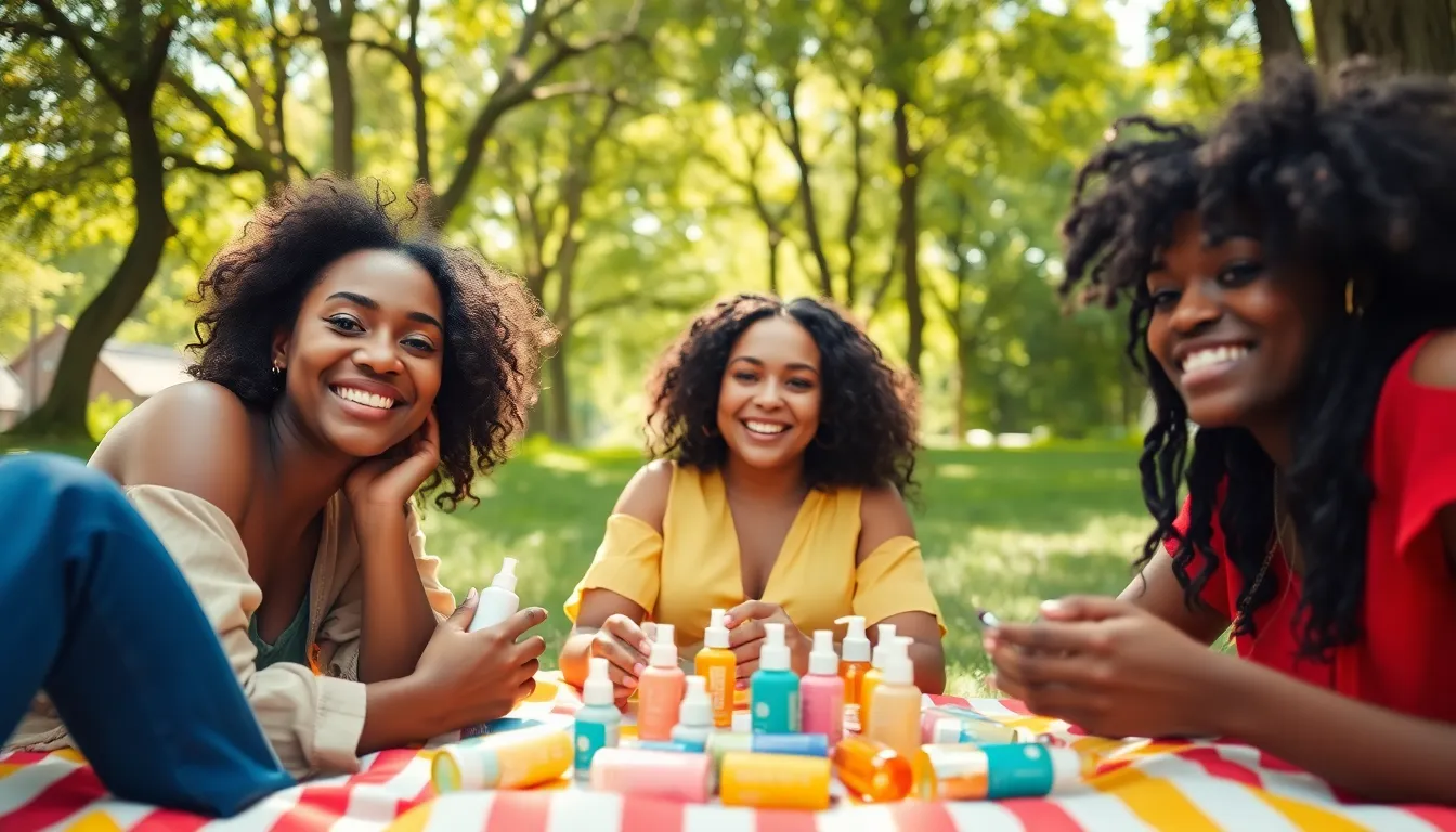 This lively image depicts three friends gathered for a skincare picnic in a lush outdoor setting. Dappled sunlight filters through the trees, creating a playful atmosphere. Bright colors from their clothing and the skincare products enhance the cheerful vibe. The shot captures the essence of friendship and self-care in nature, inviting viewers to share in the joy.