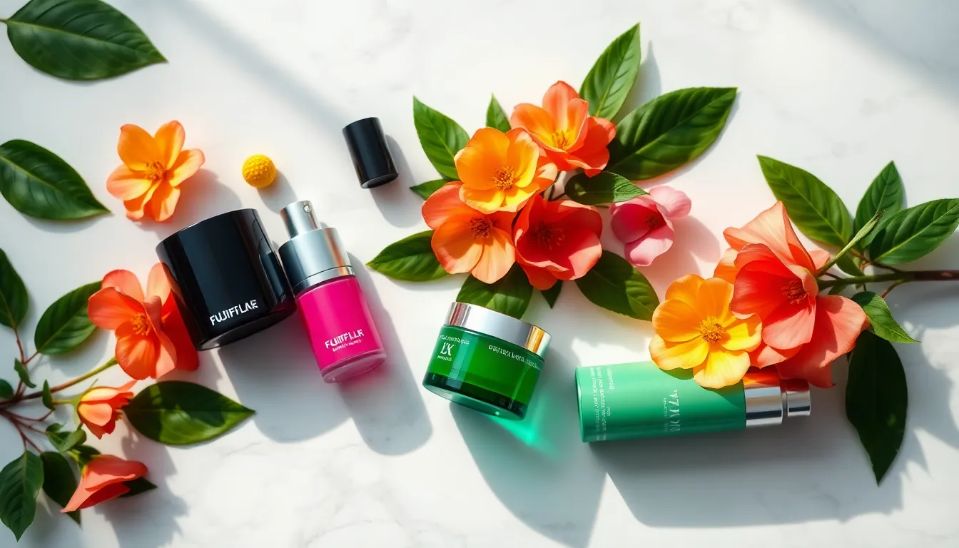 This flat lay arrangement captures the vibrancy of skincare products artfully organized on a pristine white marble surface. Enhanced by soft daylight, the textures of glass and metal come to life, inviting viewers to explore the exquisite details. Lush greens and floral hues create a refreshing aesthetic, embodying the essence of self-care and beauty. The composition is thoughtfully balanced, drawing the eye to the most colorful product in the layout, celebrating the artistry of skincare.