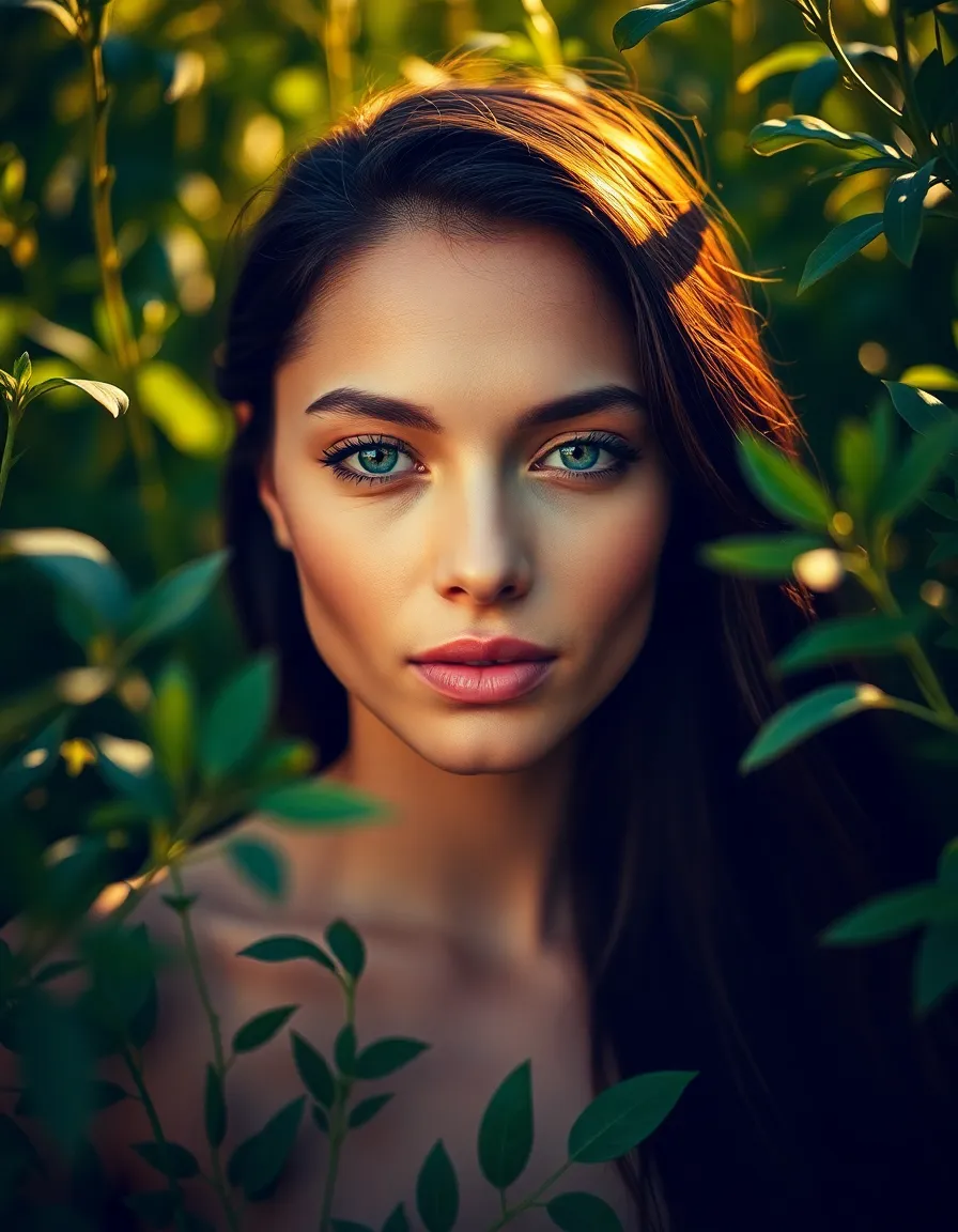 This portrait captures a model with radiant skin and minimal makeup, set against a backdrop of vibrant greenery. The soft, golden hour light enhances her ethereal beauty, while the earthy color palette creates a calming atmosphere. With a centered composition, the image draws attention to her serene expression, embodying the essence of natural beauty.
