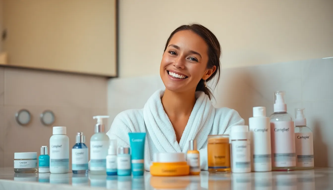 Bright Studio Skincare Product Display In this vibrant studio shot, a model radiates joy while showcasing a collection of skincare products on a marble countertop. The well-lit scene accentuates color and detail, enhancing the luxurious textures of the products. Her bright smile and comfy robe bring a sense of warmth and friendliness to the composition. This image emphasizes the importance of skincare in a stylish and inviting manner, making it perfect for beauty branding.