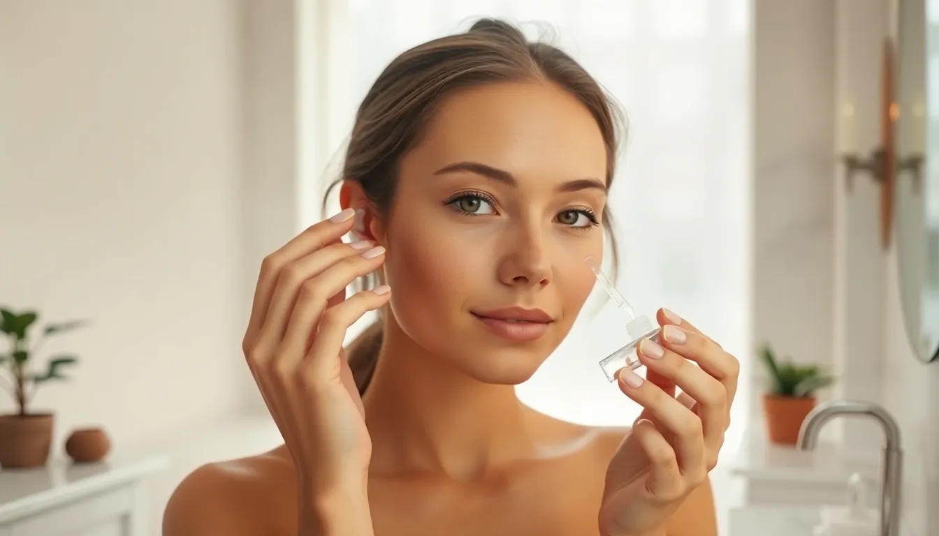 This image features a woman in a serene bathroom, applying a hydrating serum to her face. Soft daylight comes through frosted glass, enhancing the warm, muted color palette that creates a calming atmosphere. The composition highlights her gentle smile and natural skin texture, reflecting a moment of self-care and beauty. Marble countertops and potted plants serve as elegant backdrop elements.