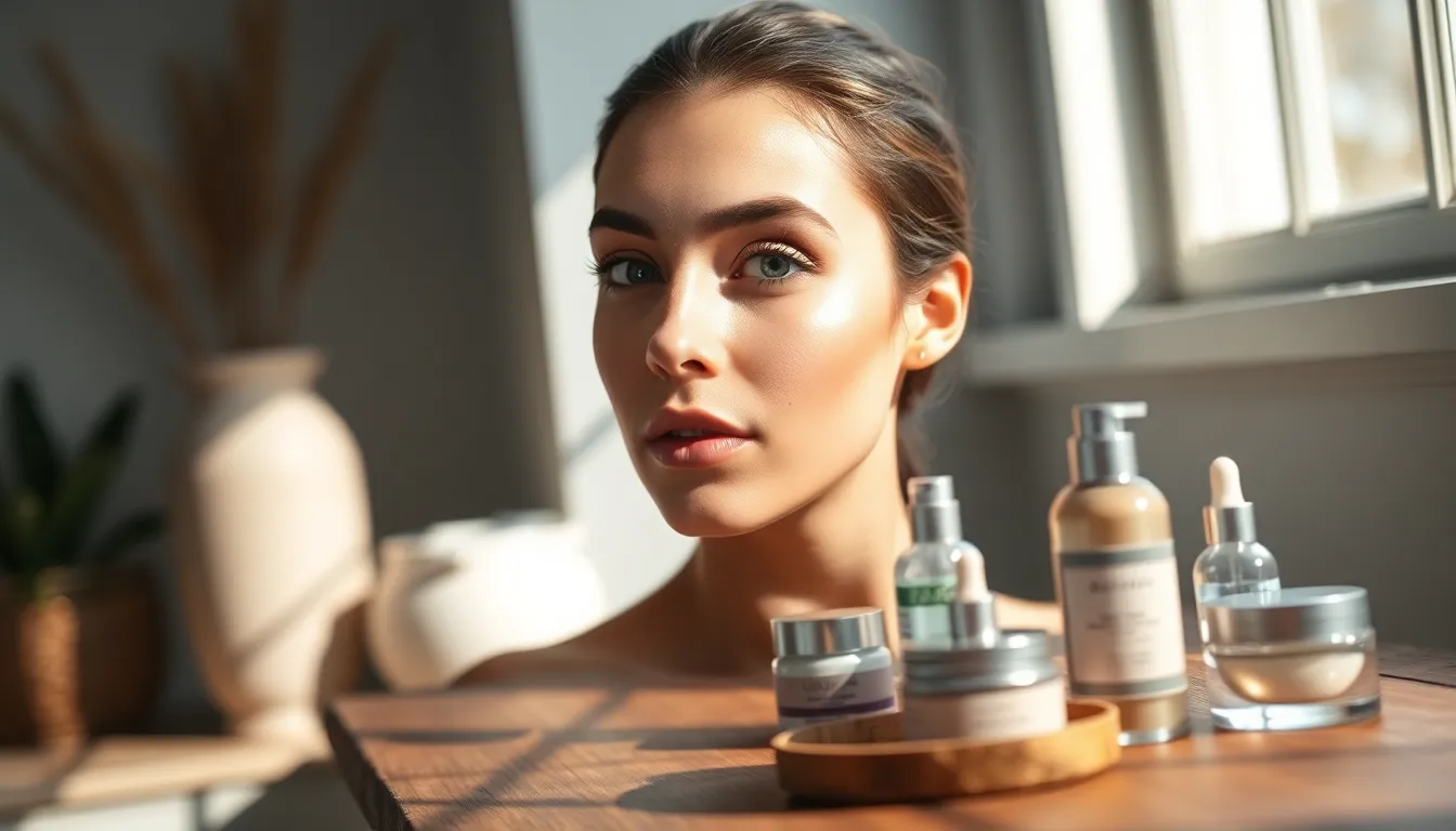 A serene beauty scene featuring a young woman practicing her skincare routine. Soft daylight filters through large windows, enhancing the natural warmth of her skin. The model, with a serene expression, holds a bottle of serum, surrounded by delicate jars and creams on a wooden vanity. The image emphasizes a calm, nurturing atmosphere with earthy tones and soft textures.